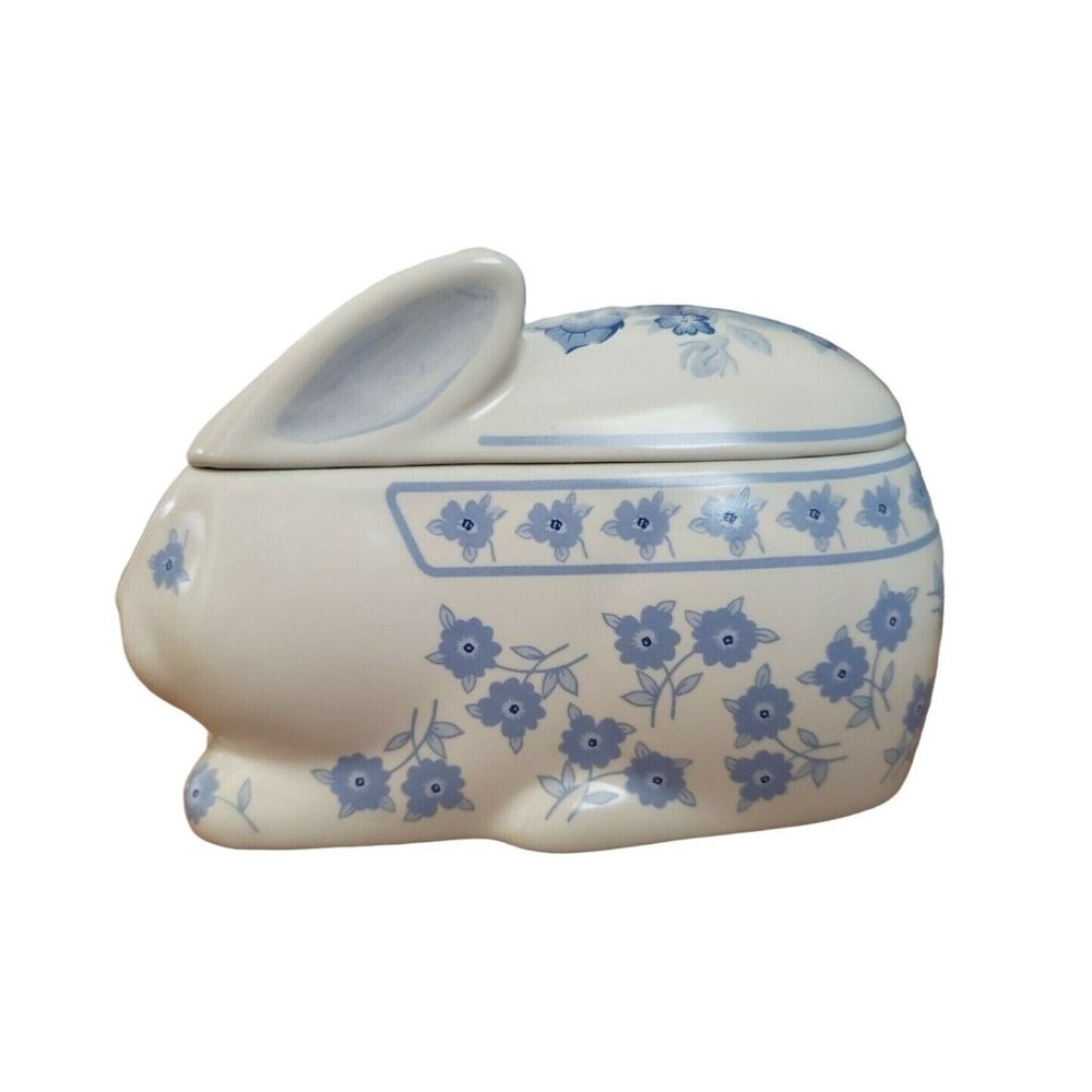 Crowning Touch Blue & White Floral Roses Bunny Trinket Box, Japan, Cottagecore